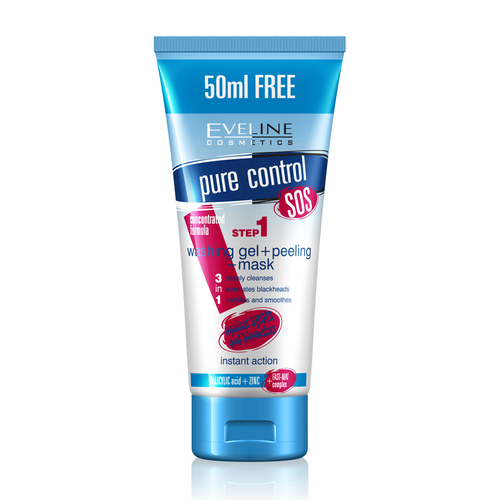 Gel rửa mặt, tẩy da chết và mặt nạ Eveline Pure Control ngăn ngừa mụn 3 tác động 200ML